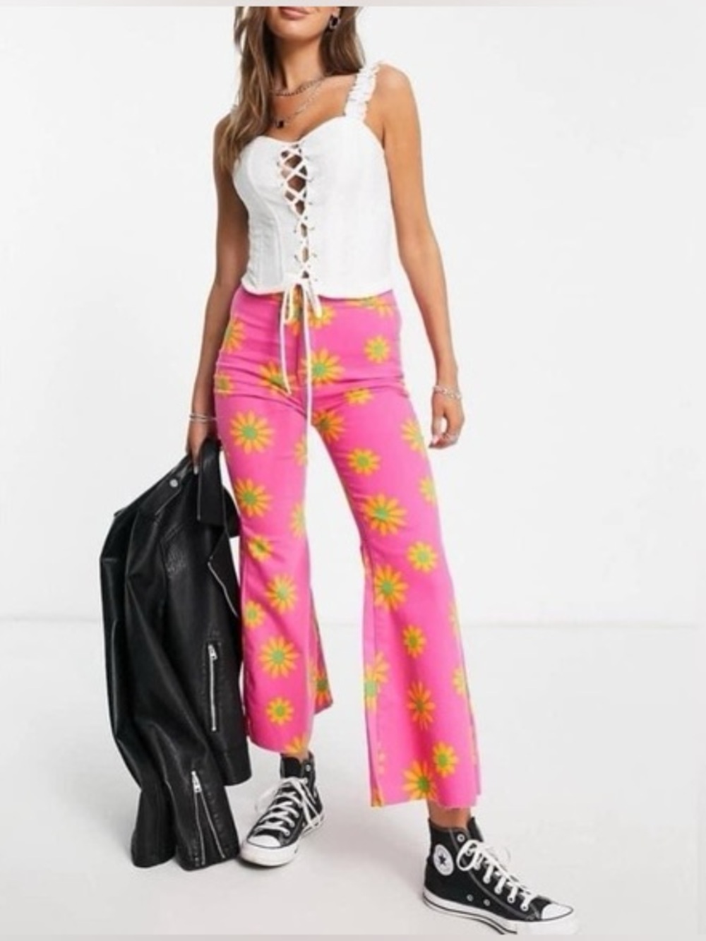 Free People Youthquake Printed Crop Flare Jeans Pink Floral NWT 29